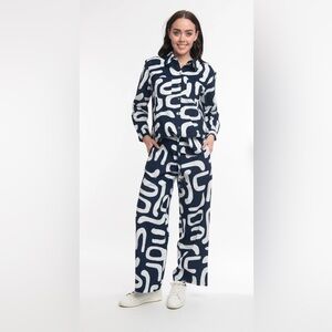 Orientique Pants Flared Cord Printed, Navy and White Sz M